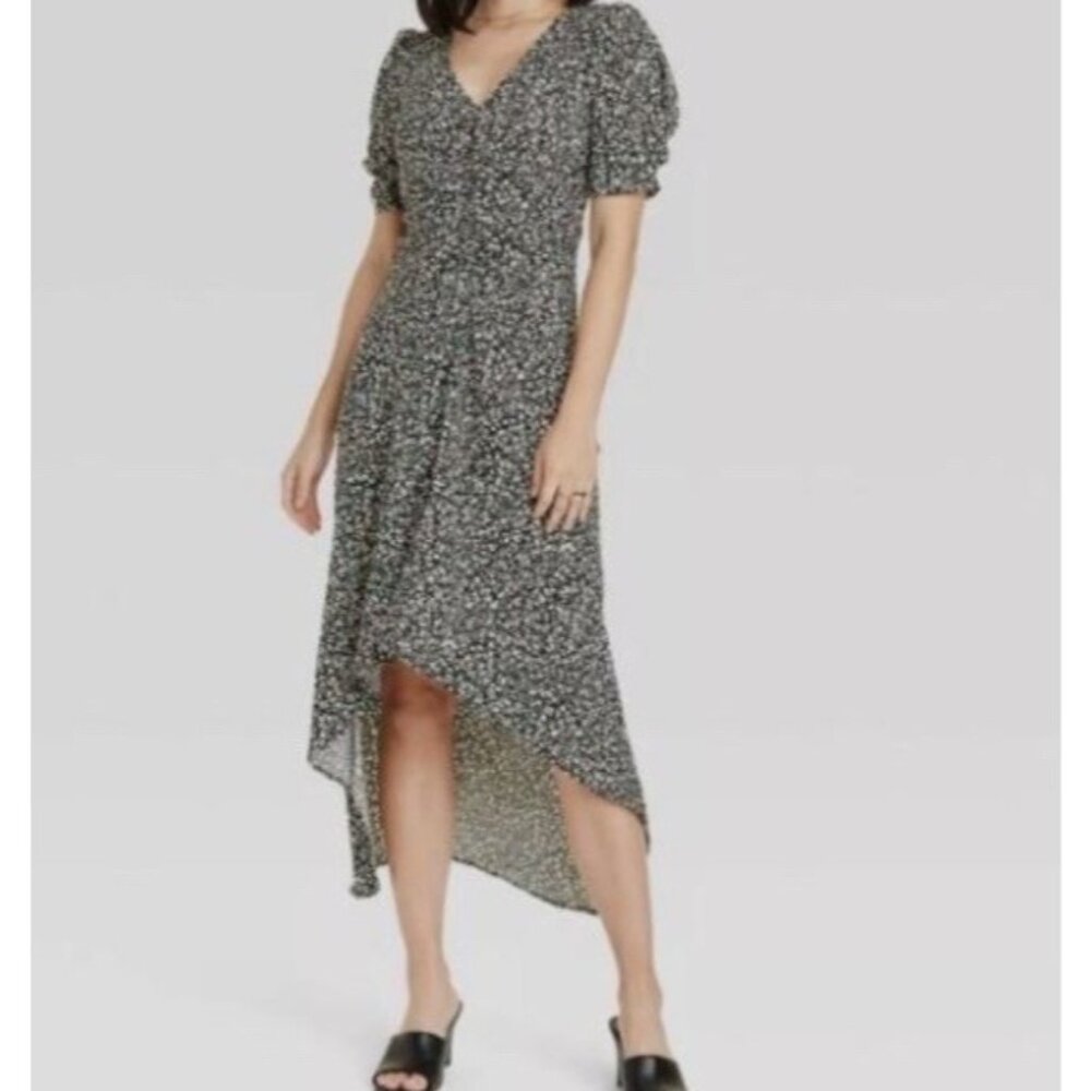 A New Day Crepe Short Sleeves Midi Dress Green‎ Floral Hi Low Dress Sz Sm Boho